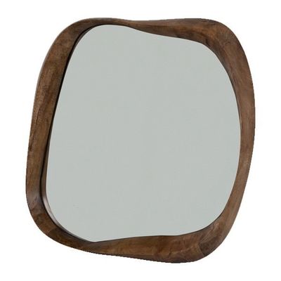 a close up of a mirror with a wooden frame on a white background
