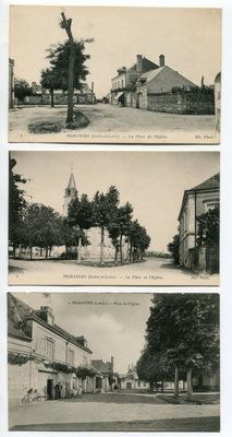 quatre photos différentes d'une rue avec des bâtiments et des arbres