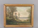 an oil painting of a landscape with a castle in the distance
