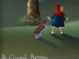 a painting of a little girl pulling a stroller