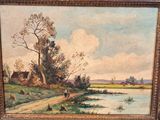 an oil painting of a river scene with a man on a horse