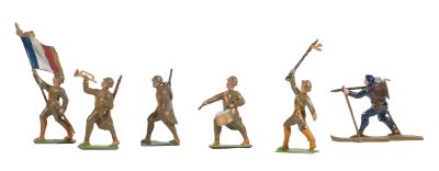 several figurines of men with spears and spears in various poses