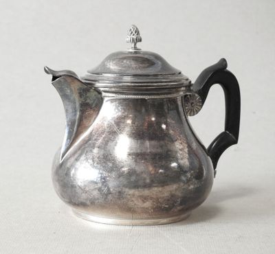 a silver tea pot with a black handle on a table
