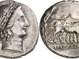 a close up of a coin with a woman and a horse on it