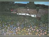 une photo d'un tableau représentant une maison dans un champ de fleurs