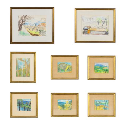 six aquarelles encadrées représentant des arbres et un banc sur fond blanc