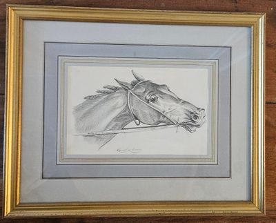 drawing of a horse head in a gold frame on a wooden wall
