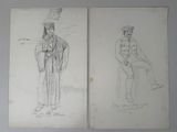 deux dessins représentant un homme et une femme assis sur un banc