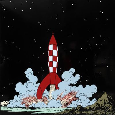 une image représentant une fusée rouge et blanche qui vole dans les airs