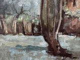 an oil painting of a tree in a field with a house in the background