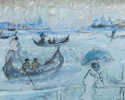 une peinture représentant des personnes sur un bateau dans l'eau