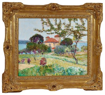 an oil painting of a house on a hill with a view of the ocean