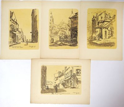 four drawings of old buildings and a clock tower in a city