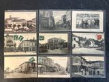 several old black and white photos of old buildings and people