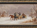 un tableau représentant un groupe de personnes à cheval dans la neige