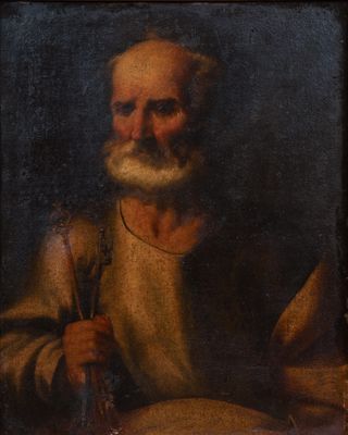 a painting of an old man holding a knife and a book