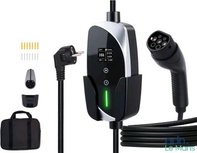 une image représentant un chargeur pour voiture électrique muni de deux prises et d'un câble de recharge