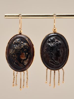 gold plated earrings with black agate and gold chains
