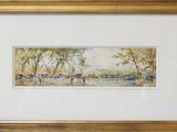 aquarelle encadrée représentant du bétail paissant dans un champ bordé d'arbres