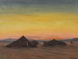 un tableau représentant un paysage désertique avec deux huttes au premier plan
