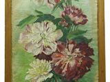 an oil painting of flowers in a vase on a green background