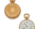 two different types of pocket watches on a white surface