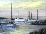 peinture d'un groupe de bateaux flottant sur un plan d'eau