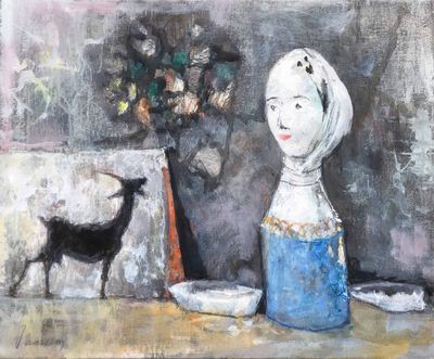 a painting of a woman and a dog on a table