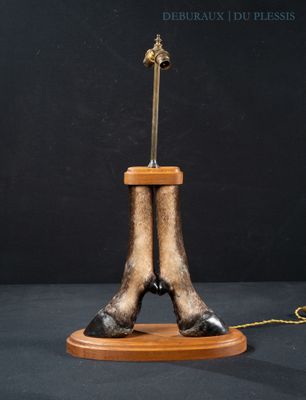 a statue of a horse ' s foot with a gold arrow sticking out of it ' s leg