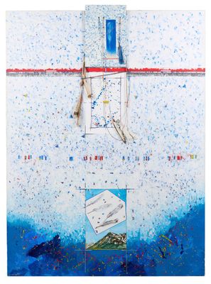 une image représentant une peinture sur un mur blanc, avec de la peinture bleue et rouge