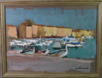 une peinture à l'huile représentant des bateaux dans un port, avec un bâtiment en arrière-plan