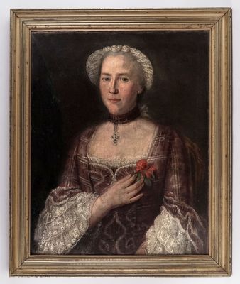 an old painting of a woman holding a rose in her hand