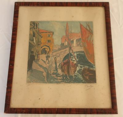 framed picture of a painting of a boat on a river