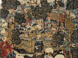 une image représentant une tapisserie sur laquelle figurent des personnages et des animaux