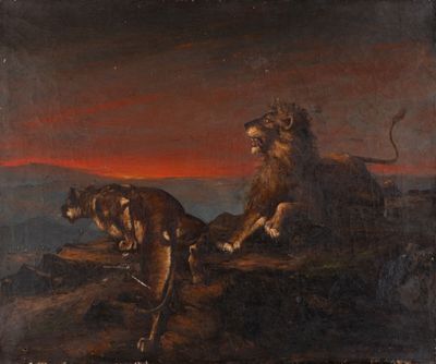 une image représentant un tableau où l'on voit un lion et une lionne assis sur un rocher