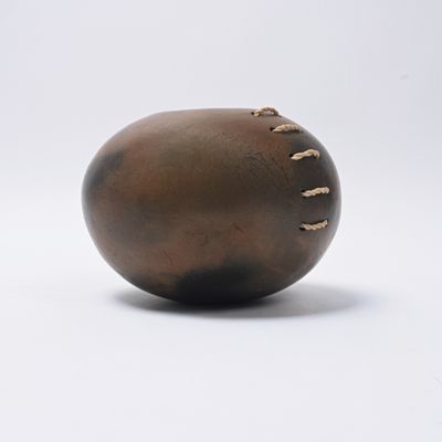 l'image d'une boule marron posée sur une surface blanche