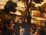 a painting of a group of people and animals in a field