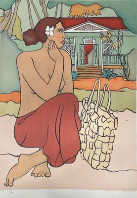 un tableau représentant une femme assise sur la plage avec un sac