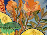 a painting of a yellow butterfly in the middle of a field