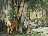 un tableau représentant un cerf et un autre cerf dans les bois