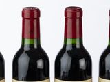 six bottles of red wine lined up in a row