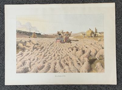 an old print of sheep being herded by a farmer