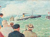 un tableau représentant un groupe de personnes observant un bateau sur l'eau