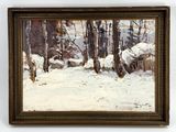 an oil painting of a snowy landscape with trees in the foreground