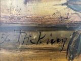 an oil painting of a bird sitting on top of a piece of wood