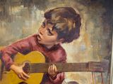 a painting of a young boy playing a guitar