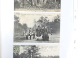 two pictures of people riding on an elephant in the woods