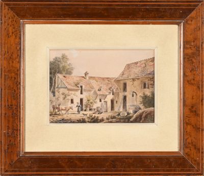 an image of a painting of a village scene with a horse drawn carriage