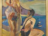 une peinture à l'huile représentant une femme et un enfant sur une plage