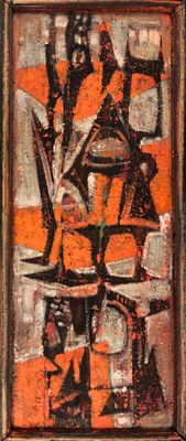 tableau représentant un homme assis sur une chaise devant un fond orange